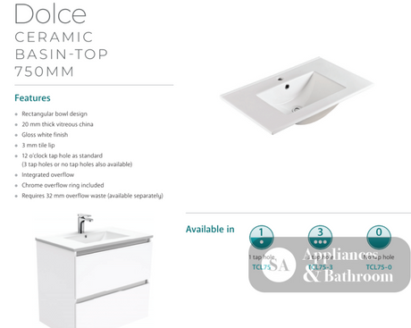 Fienza Dolce Tcl75Zkl Fingerpull Matte White 750Mm Vanity With Kickboard Left Drawers - Special