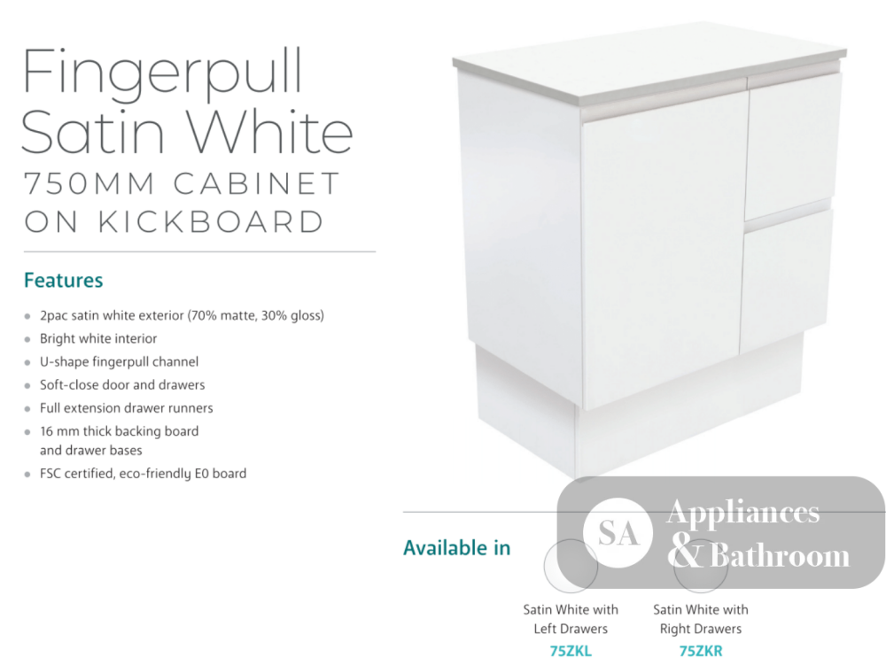 Fienza Dolce Tcl75Zkr Fingerpull Matte White 750Mm Vanity With Kickboard Right Drawers - Special