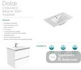 Fienza Dolce Tcl75Zl 750Mm Fingerpull Wall Hung Vanity Matte White With Left Drawers - Special Order