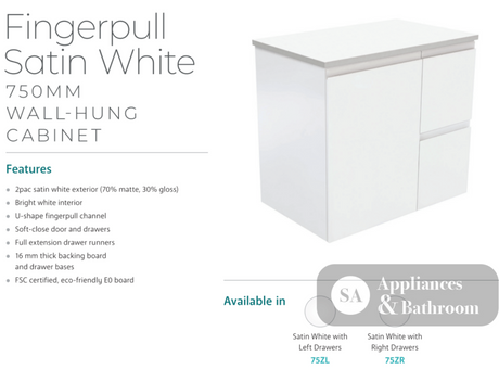 Fienza Dolce Tcl75Zr 750Mm Fingerpull Wall Hung Vanity Matte White With Right Drawers - Special