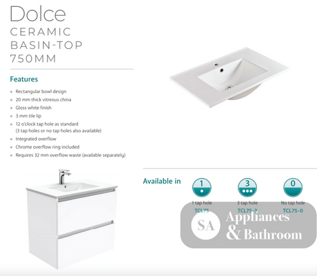Fienza Dolce Tcl75Zr 750Mm Fingerpull Wall Hung Vanity Matte White With Right Drawers - Special