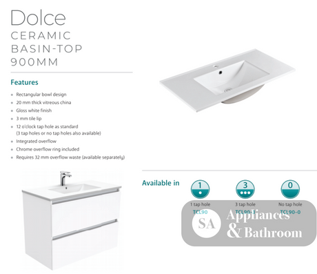Fienza Dolce Tcl90Cr 900Mm Fingerpull White Vanity With Kickboard Right Drawers - Special Order