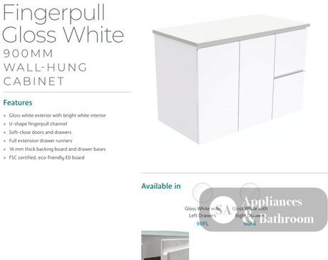 Fienza Dolce Tcl90Fl 900Mm Ceramic Wall Hung Finger Pull White Vanity One Tap Hole Left Hand Drawers