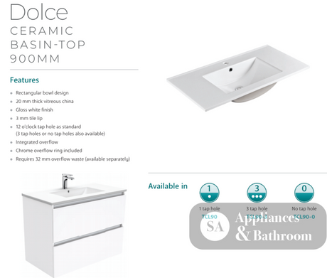 Fienza Dolce Tcl90Fl 900Mm Ceramic Wall Hung Finger Pull White Vanity One Tap Hole Left Hand Drawers