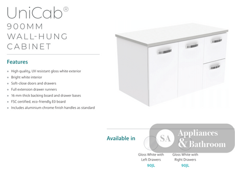 Fienza Dolce Tcl90Jl 900Mm Ceramic Wall Hung White Vanity With Handles One Tap Hole Left Hand