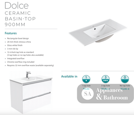 Fienza Dolce Tcl90Jl 900Mm Ceramic Wall Hung White Vanity With Handles One Tap Hole Left Hand