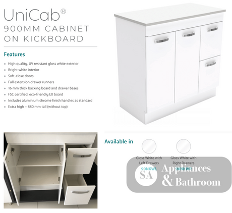 Fienza Dolce Tcl90Nkwl 900Mm White Vanity With Kicker Left Hand Drawer - Special Order Units