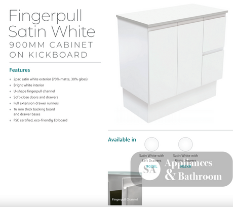 Fienza Dolce Tcl90Zkl 900Mm Fingerpull Matte White Vanity With Kickboard Left Drawers - Special