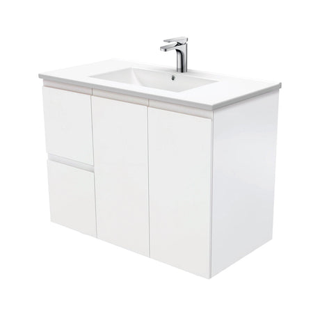Fienza Dolce Tcl90Zl 900Mm Ceramic Wall Hung Finger Pull Satin White Vanity One Tap Hole Left Hand