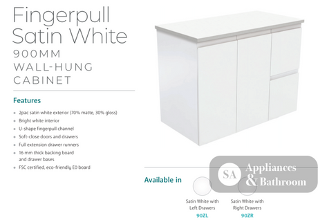 Fienza Dolce Tcl90Zl 900Mm Ceramic Wall Hung Finger Pull Satin White Vanity One Tap Hole Left Hand