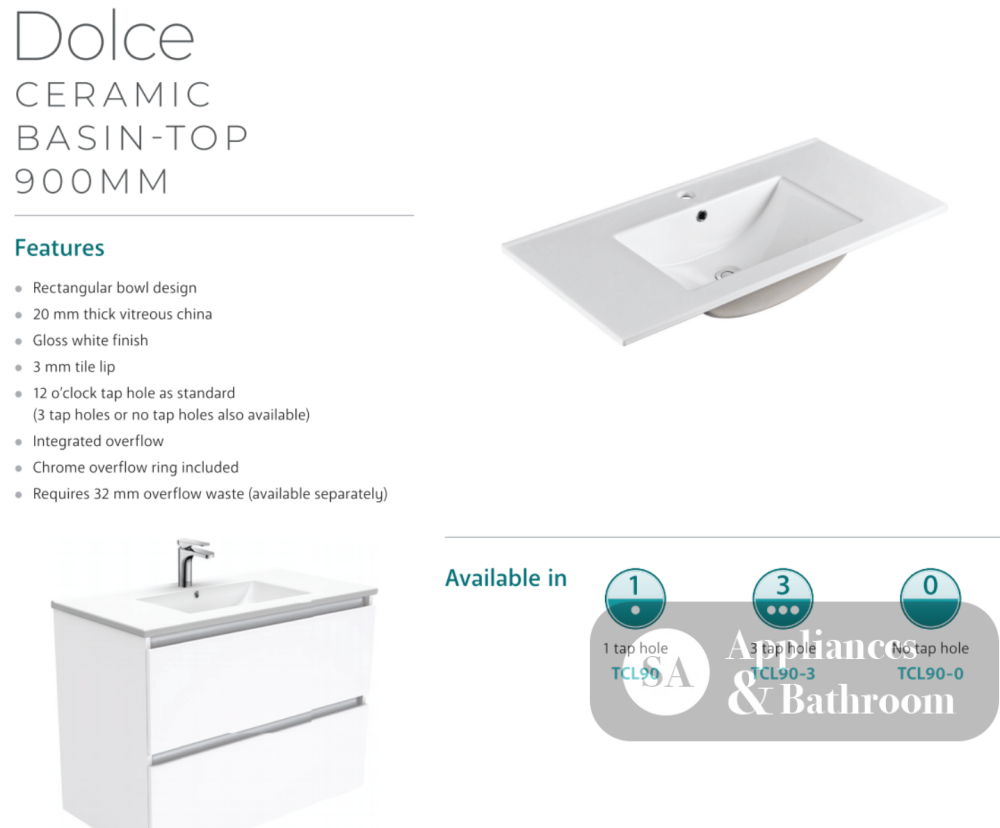 Fienza Dolce Tcl90Zl 900Mm Ceramic Wall Hung Finger Pull Satin White Vanity One Tap Hole Left Hand