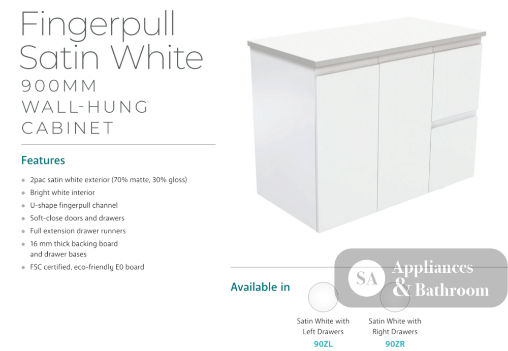 Fienza Dolce Tcl90Zr 900Mm Ceramic Wall Hung Finger Pull Satin White Vanity One Tap Hole Right Hand