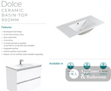 Fienza Dolce Tcl90Zr 900Mm Ceramic Wall Hung Finger Pull Satin White Vanity One Tap Hole Right Hand