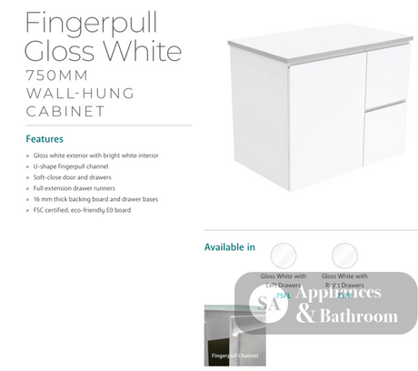 Fienza Dolce Tclb75Fl 750Mm Matte Black Fingerpull Gloss White Wall Hung Vanity Left Drawers -
