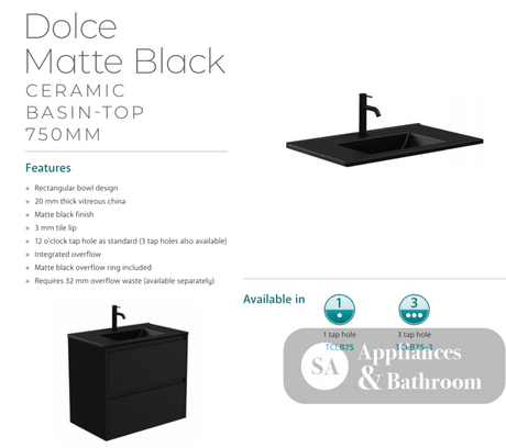 Fienza Dolce Tclb75Fl 750Mm Matte Black Fingerpull Gloss White Wall Hung Vanity Left Drawers -