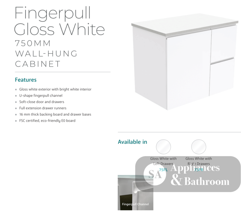 Fienza Dolce Tclb75Fr 750Mm Matte Black Fingerpull Gloss White Wall Hung Vanity Right Drawers -