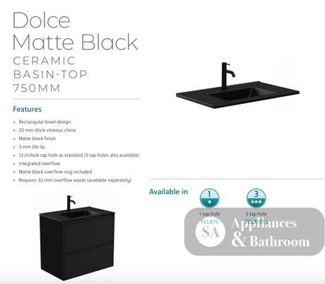 Fienza Dolce Tclb75Skl 750Mm Matte Black Scandi Oak Vanity With Kickboard Left Drawers - Special