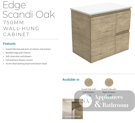 Fienza Dolce Tclb75Sl 750Mm Matte Black Scandi Oak Wall Hung Vanity Left Drawers - Special Order