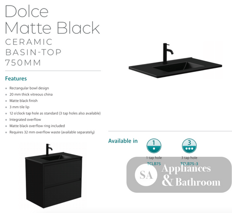 Fienza Dolce Tclb75Zbl 750Mm Matte Black Satin Wall Hung Vanity Left Drawers - Special Order Units