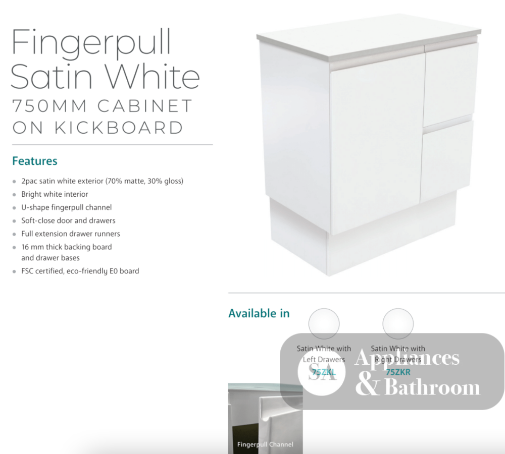 Fienza Dolce Tclb75Zkl 750Mm Matte Black Fingerpull Satin White Vanity On Kickboard Left Drawers -