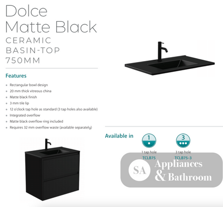 Fienza Dolce Tclb75Zkr 750Mm Matte Black Fingerpull Satin White Vanity On Kickboard Right Drawers -