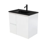 Fienza Dolce Tclb75Zl 750Mm Matte Black Fingerpull Satin White Wall Hung Vanity Left Drawers -