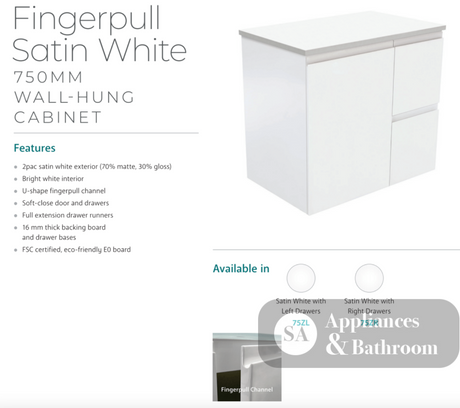 Fienza Dolce Tclb75Zl 750Mm Matte Black Fingerpull Satin White Wall Hung Vanity Left Drawers -