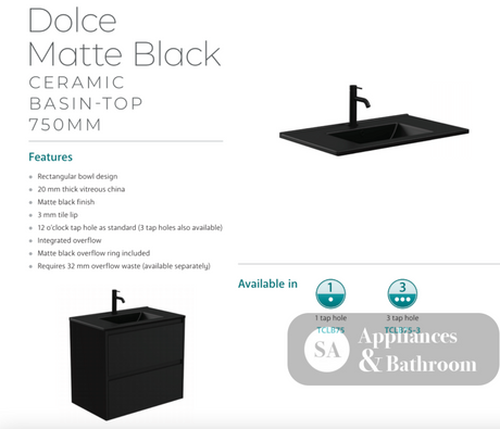 Fienza Dolce Tclb75Zr 750Mm Matte Black Fingerpull Satin White Wall Hung Vanity Right Drawers -