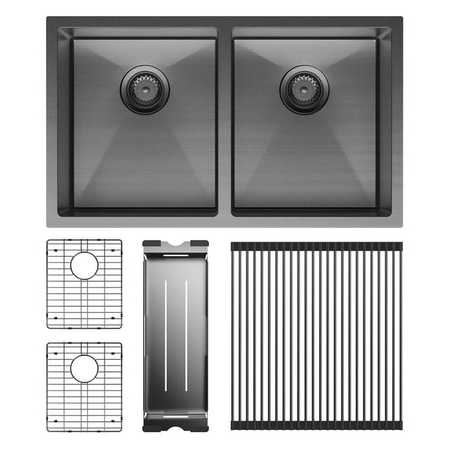 Fienza Double Bowl Kitchen Sink Pack - Carbon Metal 68403CM-KIT - Top Mounted Kitchen Sinks