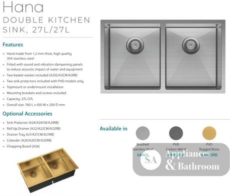 Fienza Double Bowl Kitchen Sink Stainless Steel 68403 - Special Order Top Mounted Sinks