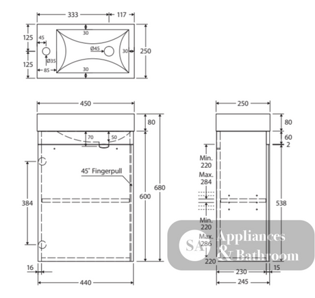 Fienza Edge 45Rx0-Of Industrial Wall Hung 450Mm Vanity With Overflow - Special Order Units