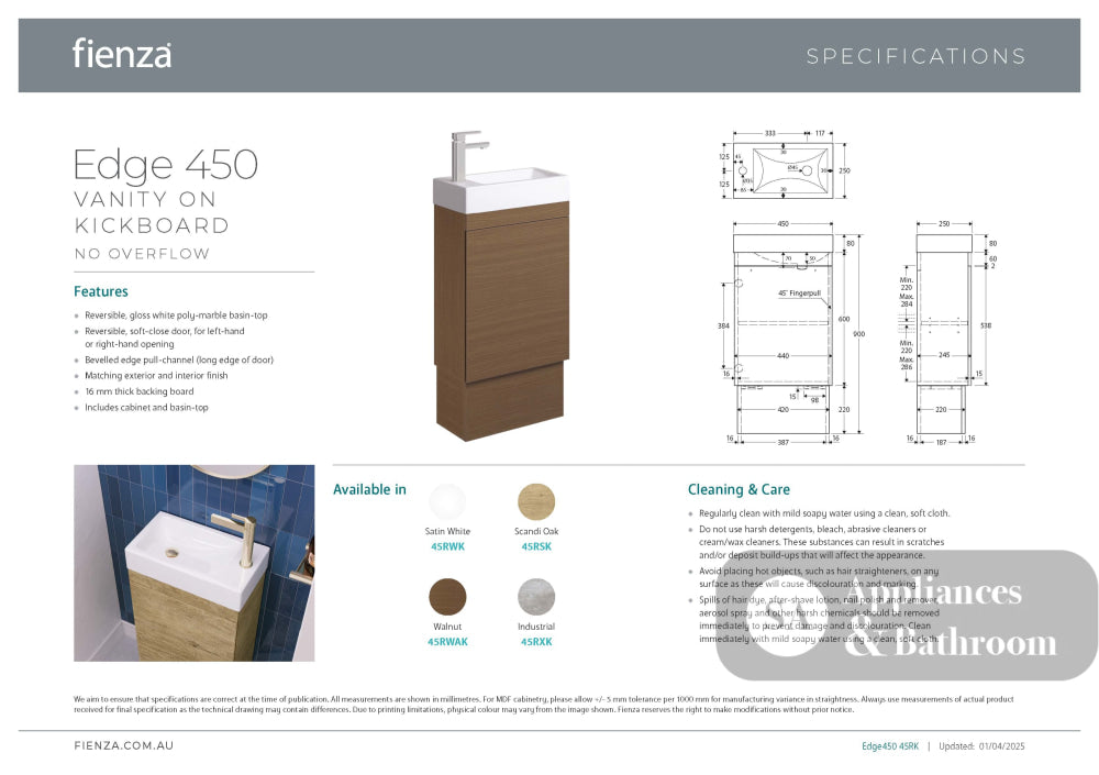 Fienza Edge 45RWAK Walnut 450mm Vanity with Kickboard No Overflow - Vanity Units