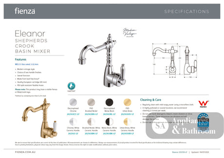 Fienza Eleanor 202103BK-LF Shepherds Crook Matte Black Mixer with White Ceramic Handle - Basin Mixers
