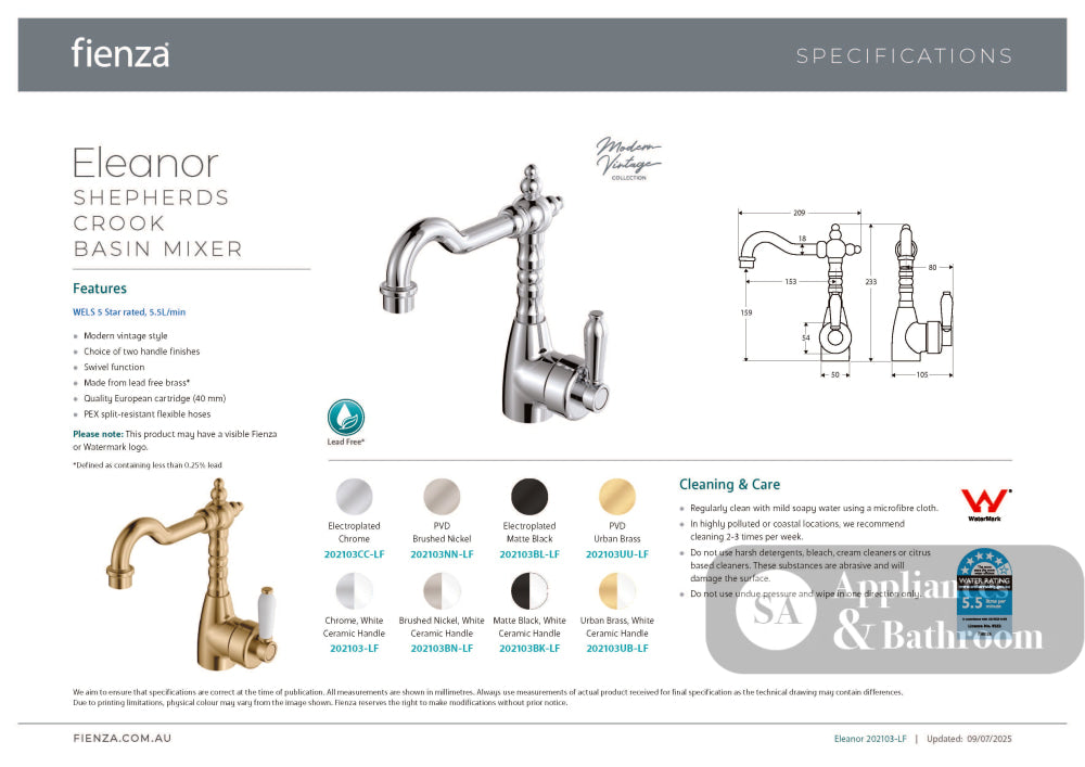 Fienza Eleanor 202103UU-LF Shepherds Crook Urban Brass Mixer with Urban Brass Handle - Basin Mixers