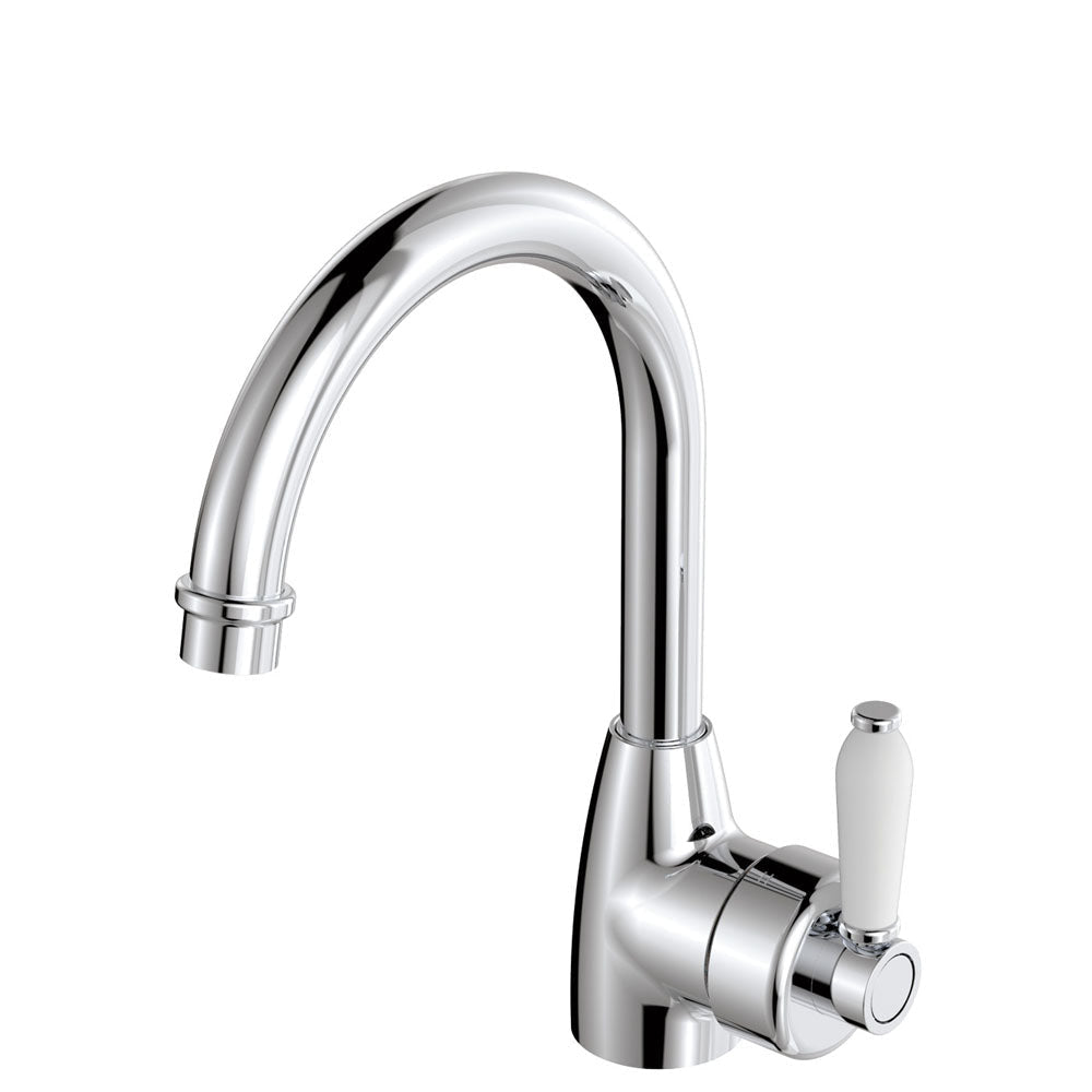 Fienza Eleanor 202104 Chrome Gooseneck Mixer With White Ceramic Handle Basin Mixers