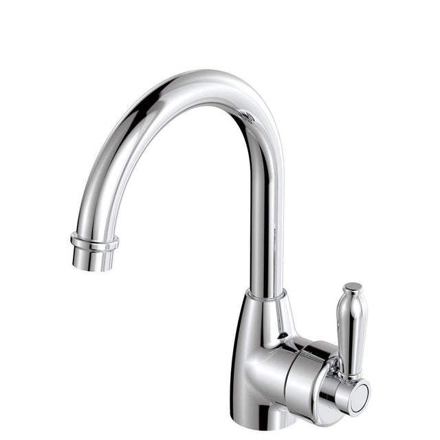 Fienza Eleanor 202104Cc Chrome Gooseneck Mixer With White Handle Basin Mixers