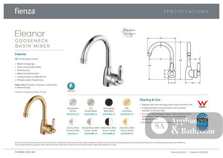 Fienza Eleanor 202104CC-LF Chrome Gooseneck Mixer with White Chrome Handle - Basin Mixers