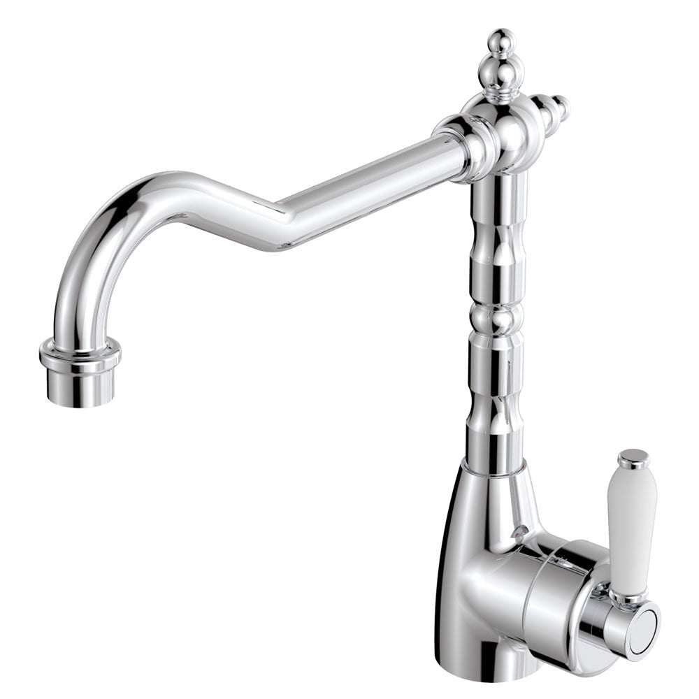 Fienza Eleanor 202105-LF Shepherds Crook Chrome Sink Mixer with White Ceramic Handle - Kitchen Mixer Taps