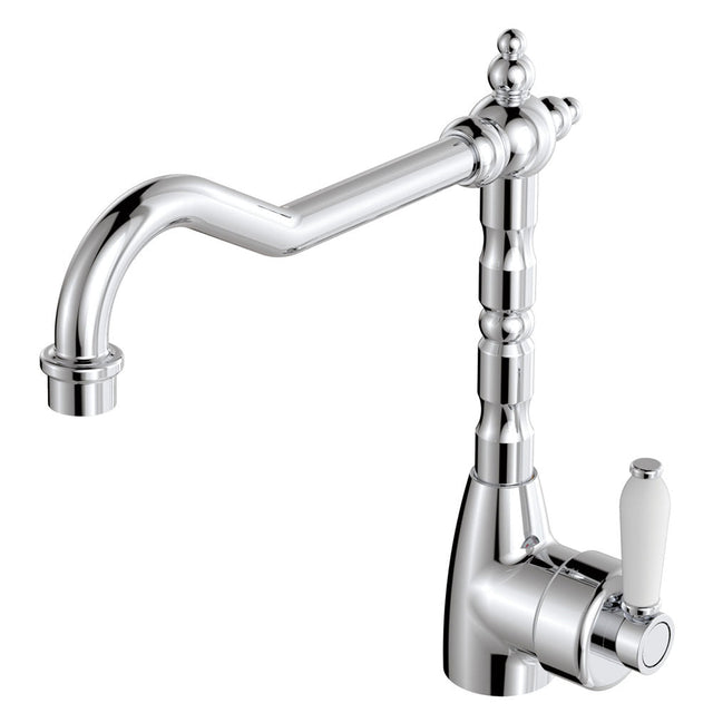 Fienza Eleanor 202105-LF Shepherds Crook Chrome Sink Mixer with White Ceramic Handle - Kitchen Mixer Taps