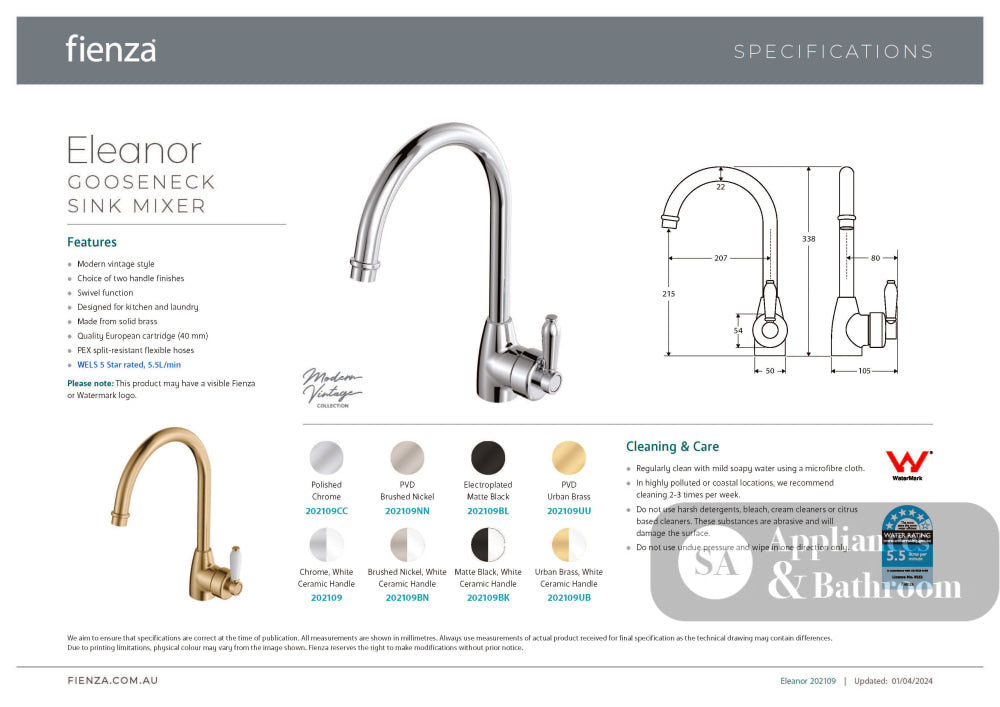 Fienza Eleanor 202109BN Brushed Nickel Gooseneck Mixer with White Ceramic Handle - Kitchen Mixer Taps
