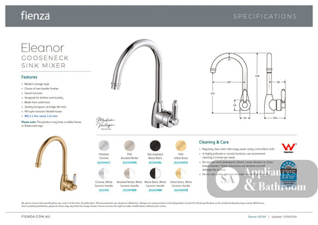 Fienza Eleanor 202109BN Brushed Nickel Gooseneck Mixer with White Ceramic Handle - Kitchen Mixer Taps