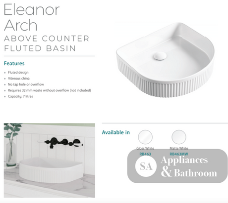 Fienza Eleanor RB463MW Arch Above Counter Basin Matte White - Basins