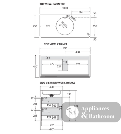 Fienza EN100WC Australian Made Encanto 1000 Wall Hung Vanity Ultra White Matt - Vanity Units