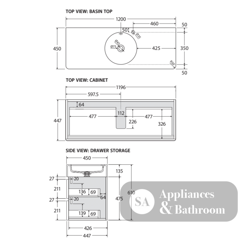 Fienza EN120WC Australian Made Encanto 1200 Centre Bowl Wall Hung Vanity Stone Grey Matt - Vanity Units