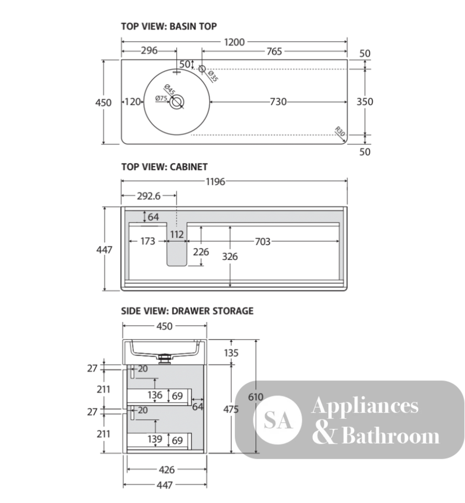 Fienza EN120WL Australian Made Encanto 1200 Left Bowl Wall Hung Vanity Stone Grey Matt - Vanity Units