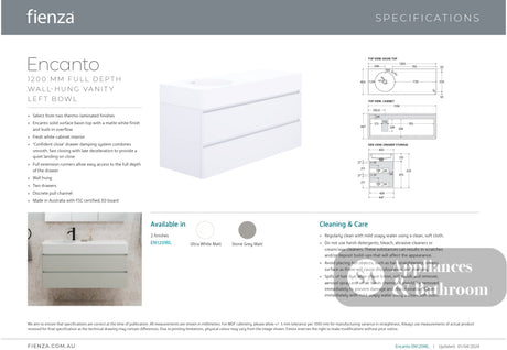 Fienza EN120WL Australian Made Encanto 1200 Left Bowl Wall Hung Vanity Ultra White Matt - Vanity Units