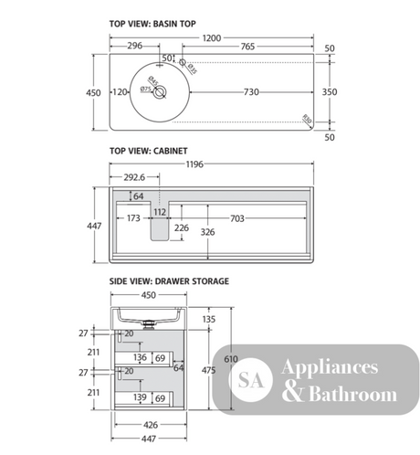 Fienza EN120WL Australian Made Encanto 1200 Left Bowl Wall Hung Vanity Ultra White Matt - Vanity Units