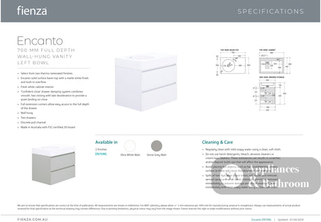 Fienza EN70WL Australian Made Encanto 700 Left Bowl Wall Hung Vanity Stone Grey Matt - Vanity Units