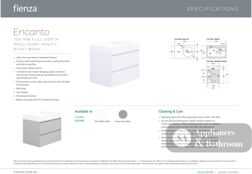 Fienza EN70WR Australian Made Encanto 700 Right Bowl Wall Hung Vanity Ultra Matte White - Vanity Units