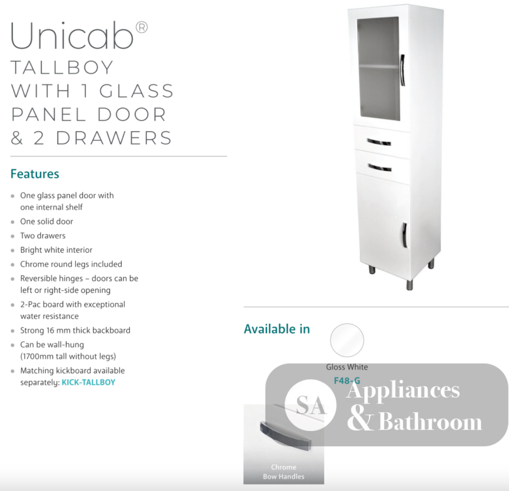Fienza F48-G Unicab Tallboy 1 Glass Panel Door & 2 Drawers - Bathroom Storage